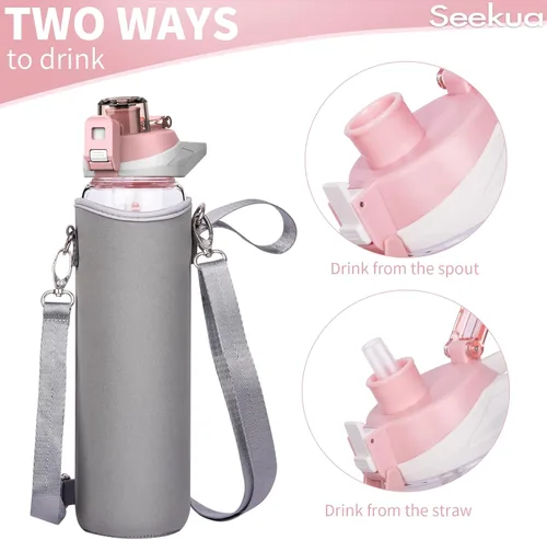 Miniatura 4 de Botella de agua deportiva de vidrio de 32 onzas con popote y marcador de tiempo, botella de vidrio motivacional reutilizable grande para agua Rosa