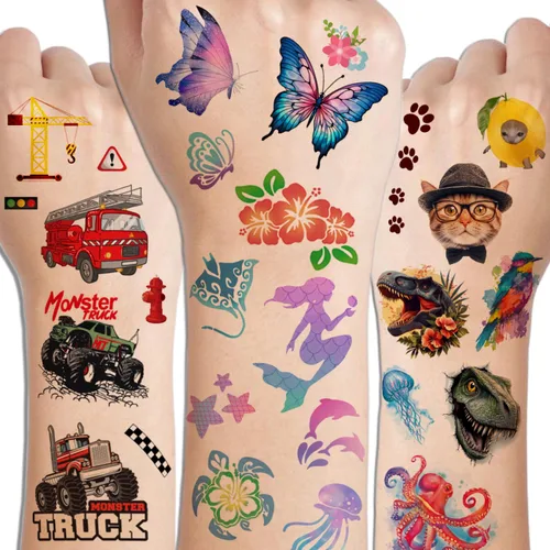 Miniatura 3 de CHARLENT Tatuajes Temporales para Niños - 320 Estilos Mixtos (36 Hojas) Juego de Calcomanías de Tatuajes para Niños y Niñas, Carro Dinosaurio Hawaii