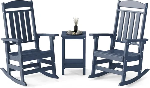 Miniatura 10 de FOOWIN Juego de sillas mecedoras de patio de 2 piezas, mecedora de porche con respaldo alto de HDPE, mecedora de porche de madera de polietileno