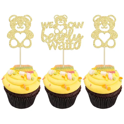 Miniatura 9 de Gyufise 24 piezas de decoración para cupcakes con texto en inglés «We Can Bearly Wait» («We Can Bearly Wait») para cupcakes con purpurina marrón