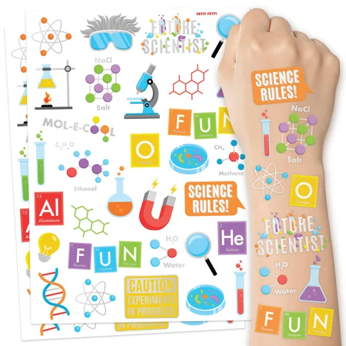 xo, Fetti Tatuajes temporales de fiesta de ciencia - 62 estilos de lámina plateada | Suministros para fiestas de cumpleaños de científicos locos del