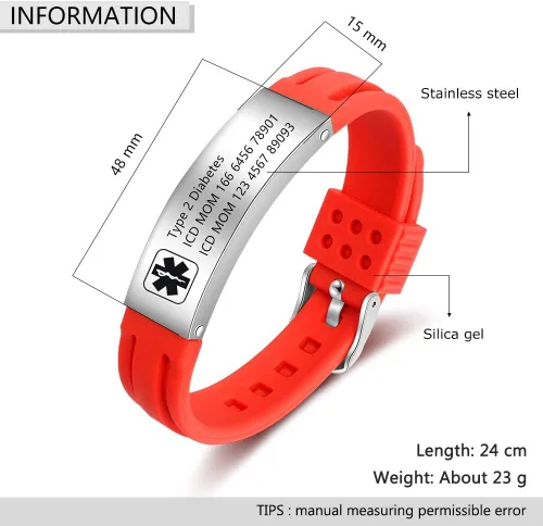 Miniatura 46 de OPALSTOCK Pulseras médicas personalizadas de silicona ajustable para identificación de emergencias, grabado gratuito, 9 pulgadas, resistente al