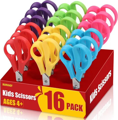 BURVAGY Paquete de 16 unidades de 14 cm Tijeras de seguridad pequeñas para niños de escuela, estudiantes, punta redonda y desafilada para