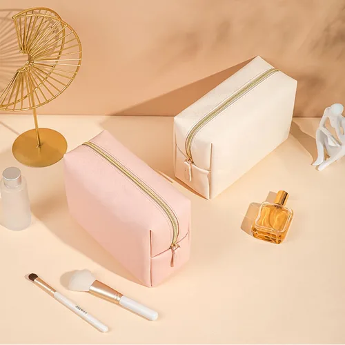 Miniatura 5 de Juego de 8 bolsas de maquillaje preparadas, bolsa de cosméticos de piel sintética, impermeable, portátil, bolsa de aseo de viaje para mujeres