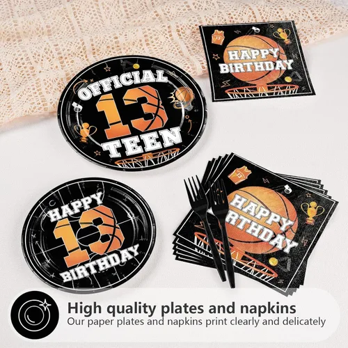Miniatura 4 de 96 piezas de suministros para fiesta de cumpleaños de 13 años, platos y servilletas desechables de baloncesto y deportes, juego de vajilla