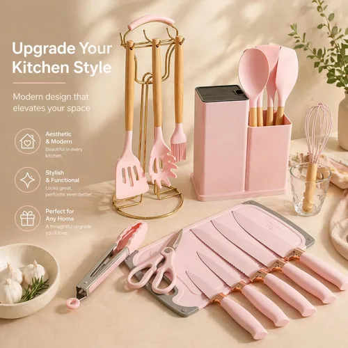 Miniatura 6 de Juego de cocina rosa de 19 piezas para el primer apartamento, utensilios completos de cocina de silicona con asas de madera, juego de cuchillos