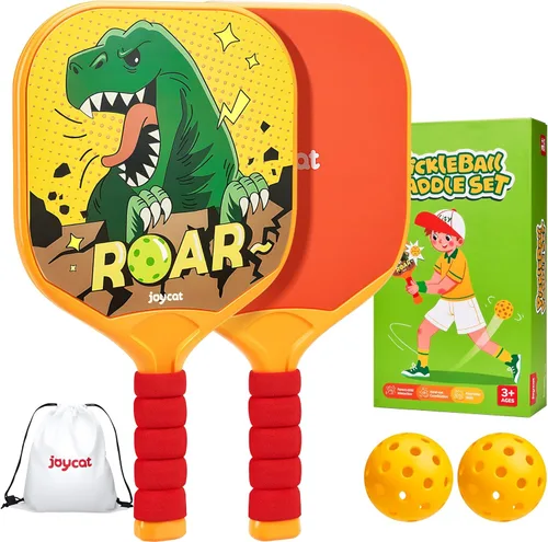 JoyCat Juego de 2 palas de pickleball para niños, palas de pickleball ligeras de plástico con mango pequeño, 2 pelotas de pickleball, 1 bolsa con