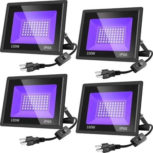 Paquete de 4 luces LED negras de 100 W, luz de inundación de luz negra con enchufe e interruptor, IP66 luz negra impermeable para exteriores para