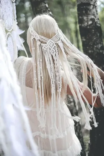 Miniatura 4 de kiido Tocado de novia con velo de novia, diadema bohemia hecha a mano, macramé, tiara nupcial, 39 pulgadas