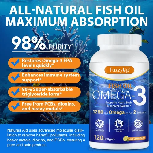 Miniatura 3 de Aceite de pescado Omega 3, suplemento Omega 3 de aceite de pescado para mujeres y hombres, 1280 mg por porción de alto EPA y DHA que apoya la salud