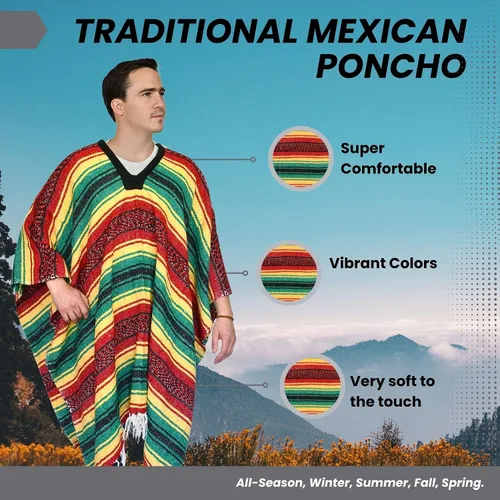 Miniatura 13 de Artisans Bazaar Poncho tradicional mexicano de Baja para hombres y mujeres, auténtico sarape de Gaban, manta de vaquero Pancho Jorongo