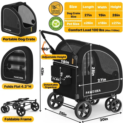 Miniatura 2 de PAWZIDEA Cochecito de perro 3 en 1 para perros grandes con transportador desmontable de hasta 100 libras, 45% extra alto para perros, jaula de auto