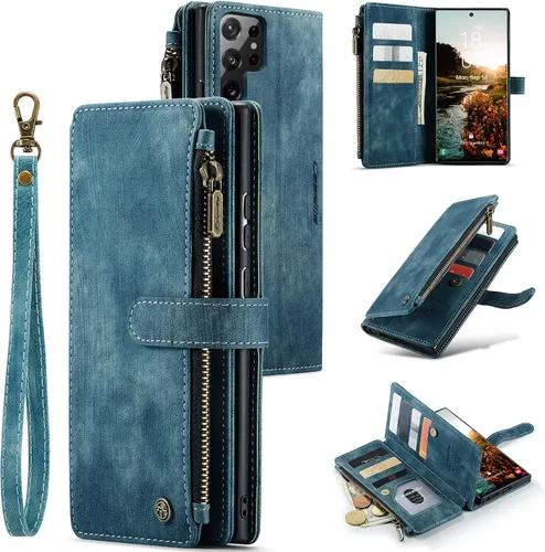 Miniatura 12 de UEEBAI Funda tipo cartera para Samsung Galaxy S23 5G, hecha a mano de piel sintética de alta calidad, ranuras para tarjetas, cierre magnético