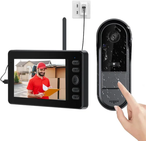 TKMARS Timbre de puerta inalámbrico sin suscripción, portero bidireccional, IPX65 impermeable, pantalla de 4.3 pulgadas, ángulo de visión de 170°,