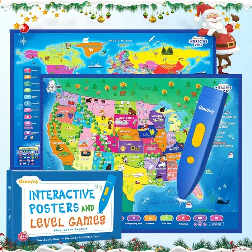 Qiaojoy Mapa Interactivo Bilingüe para Niños Mapa Parlante de EE.UU. Mapa del Mundo para Niños Aprendizaje, Juguetes Juegos de Geografía Mapa