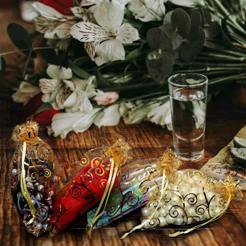 Miniatura 5 de Staruby Bolsas de regalo de organza, 100 bolsas de organza transparente dorada de 4 x 6 pulgadas, bolsas de regalo con cordón para joyas, ratán, 100