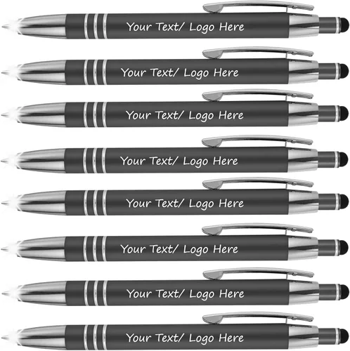 Miniatura 10 de Bolígrafos promocionales con tu texto personalizado o logotipo comercial personalizado, paquete de 50 - 3 en 1 bolígrafos de lujo de metal de goma +