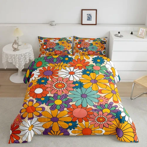 Miniatura 8 de Lindo juego de edredón de flores para niños y mujeres. Juego de ropa de cama de flores coloridas de dibujos animados, tamaño individual, bonito
