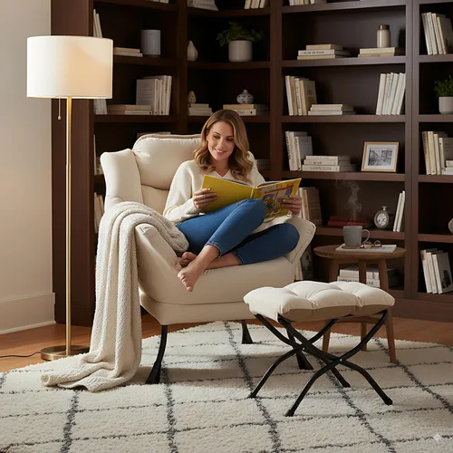 Miniatura 7 de LITA - Silla perezosa con otomana, sofá tapizado de ocio moderno de acento, silla de lectura contemporánea de salón con reposabrazos y bolsillo