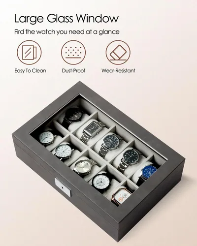 Miniatura 3 de GUKA Caja de 10 ranuras para reloj, vitrina organizadora de cristal real, con estuche de lujo para hombres y mujeres, regalo