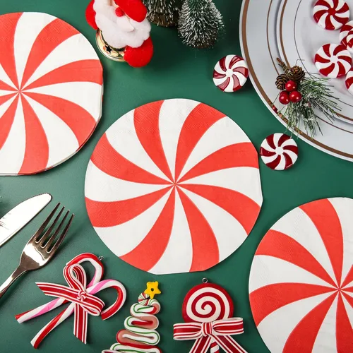 Miniatura 7 de Servilletas de papel de Navidad, 100 servilletas desechables de caramelo de menta redondas, piruletas de Navidad, decoración de vajilla, servilletas