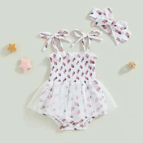Miniatura 2 de Mameluco de verano para bebé recién nacida, con margaritas, sin mangas, con correa de tul, con diadema