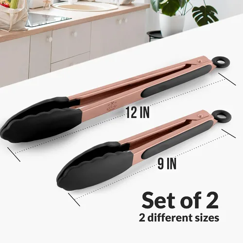 Miniatura 7 de Zulay Pinzas de cocina de acero inoxidable con puntas de silicona, juego de 2 pinzas de cocina con bloqueo (9 y 12 pulgadas) con agarre