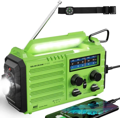 Miniatura 12 de Radio de emergencia de 12000 mAh - Alerta meteorológica AUTO NOAA, manivela solar AM/FM/SW/NOAA, linterna, cargador de teléfono, sirena SOS, kit