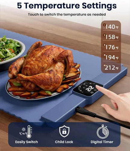 Miniatura 2 de Alfombrilla de Calentamiento de Alimentos, Bandeja de Calentamiento Eléctrica con 5 Configuraciones de Temperatura para Mantener la Comida Caliente