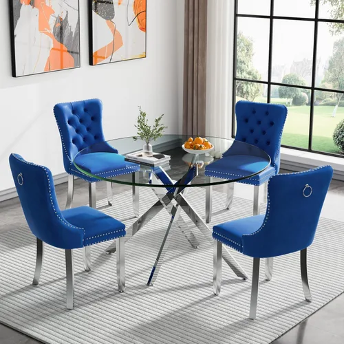 Miniatura 12 de Juego de 4 mesas de comedor redondas de vidrio para 4, juego de mesa de cocina pequeña para 4, mesa redonda de vidrio de 35 pulgadas, juego de 4