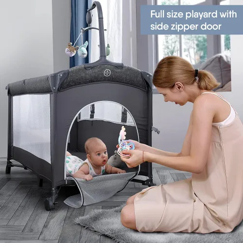 Miniatura 3 de BabyBond Cuna para bebé, cuna de noche, paquete y juego con sábana, cambiador de pañales y móvil de música desde recién nacidos hasta niños Gris