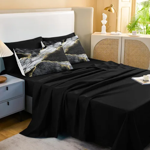 Miniatura 5 de Merryword - Juego de edredón de mármol negro, tamaño individual, 6 piezas, ropa de cama en una bolsa, diseño de mármol metálico dorado con 1