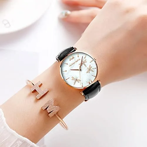 Miniatura 3 de TENNOVO Fashion Ladies Dragonfly Quartz Watch Luxury Dress Women's 2PCS Bracelet Watch Set Rose Flowers Giftable Packing Box for Women
