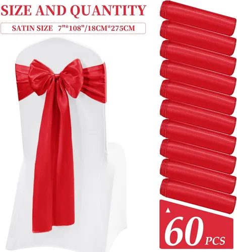 Miniatura 2 de 60 bandas de satén para silla, color burdeos, para fiestas, hoteles, bodas, recepciones, restaurantes y decoración de eventos (7 x 108 pulgadas)