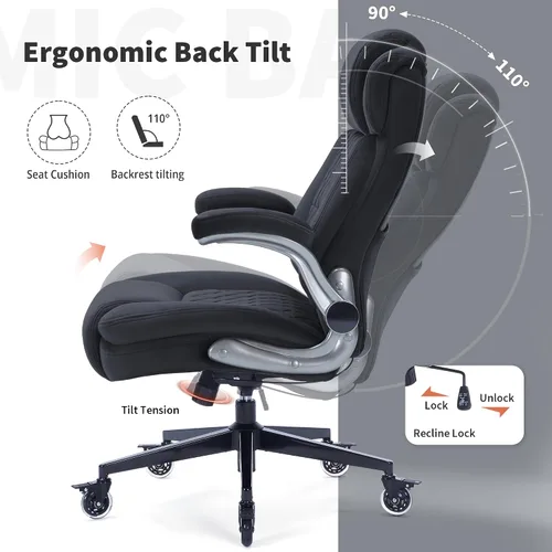 Miniatura 6 de Silla de oficina con respaldo alto de 400 libras, tela acolchada gruesa, soporte lumbar ajustable y brazos abatibles, ruedas de bloqueo, silla