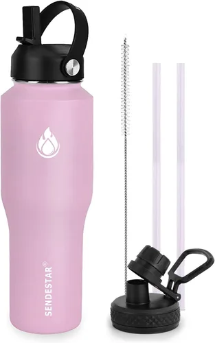 Miniatura 21 de SENDESTAR - Botella de agua de 0,9 L, 2 tapas (tapa con pajita), boca ancha de acero inoxidable aislada al vacío, doble pared, mantiene los líquidos