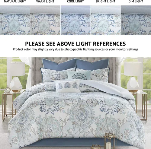 Miniatura 2 de Madison Park Juego de temporada, falda de cama a juego, almohadas decorativas, Queen (90 x 90 pulgadas), Isla, medallón floral azul, 8 piezas