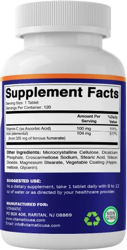 Miniatura 8 de Vitamatic Fumarato ferroso 325 mg + vitamina C 100 mg (104 mg de hierro elemental) – Suplemento de hierro de alta potencia – Suave para el estómago