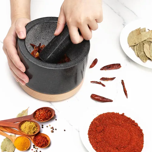 Miniatura 6 de Juego de mortero y maja con base de madera, cuencos de granito para guacamole, cuenco de aguacate pulido para salsa antiarañazos, especias