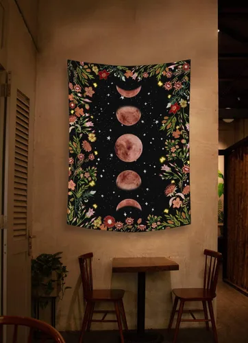 Miniatura 5 de Rexful Tapiz de jardín iluminado por la luna, fase lunar rodeada de plantas y flores, manta negra para colgar en la pared, 36 x 48 pulgadas