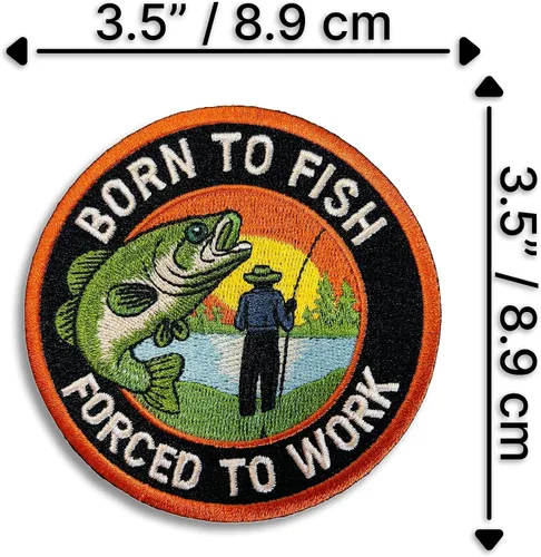Miniatura 3 de Parche termoadhesivo Born to Fish Forced to Work Meme Divertido aplique bordado de pesca moral, tamaño de 3.5 pulgadas, parches para coser