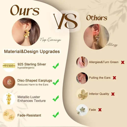 Miniatura 5 de Aretes de plata de ley 925 aretes colgantes chapados en oro de 14 quilates, hipoalergénicos, únicos, grandes, florales, gruesos, joyería para mujer