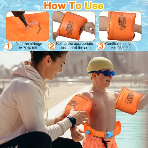 Miniatura 6 de Paquete de 6 flotadores de brazo para adultos, flotadores de cinturón de natación, flotadores inflables portátiles, cinturón de natación con hebilla