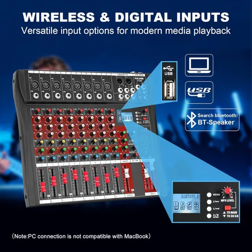 Miniatura 4 de Mezclador de audio de 8 canales, mesa mezcladora de música profesional, consola de mezcla de DJ con Bluetooth, reproductor USB/MP3, reverberación