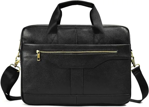Miniatura 8 de Maletín de cuero genuino para hombres, bolso de hombro para computadora portátil con correa, bolso de trabajo de viaje de negocios de 15.6 pulgadas