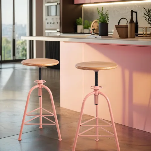 Miniatura 10 de Topower Taburete de bar de altura ajustable de metal de diseño industrial antiguo, silla de desayuno de comedor de cocina, taburete de madera