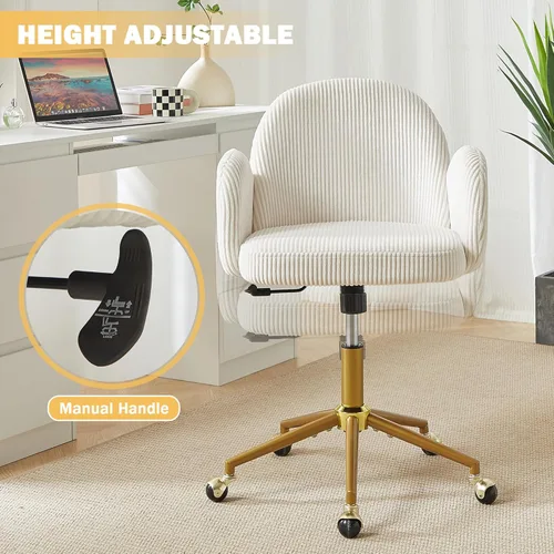 Miniatura 6 de Silla de tocador con ruedas, silla de tocador de pétalos con respaldo y patas de metal dorado entrecruzadas, silla de escritorio para oficina