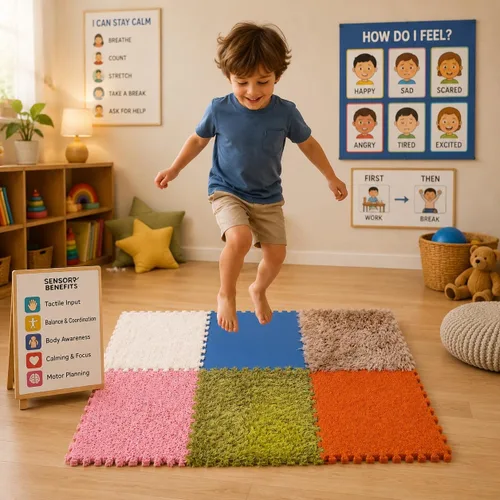 Miniatura 4 de Edusense Paquete de 6 baldosas sensoriales para piso, juguetes de estimulación táctil con texturas para niños, tapete de juego de espuma entrelazado