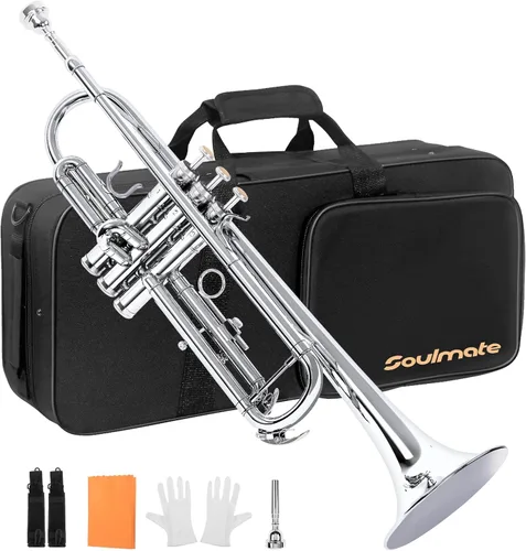Soulmate Bb Trompeta Profesional Set de Trompeta Estándar con Estuche Duro de Transporte, Boquilla 7C, Juego de Limpieza, Guantes y Paño de Pulido
