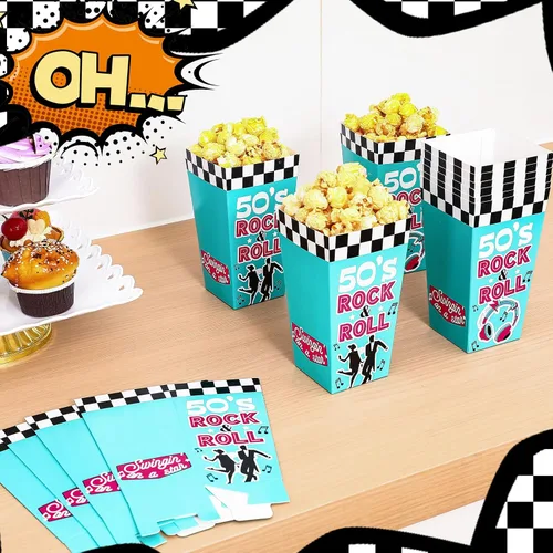 Miniatura 6 de Watersay Paquete de 24 cajas de palomitas de maíz Rock and Roll de los años 50, decoraciones de fiesta de los años 50, caja de aperitivos retro
